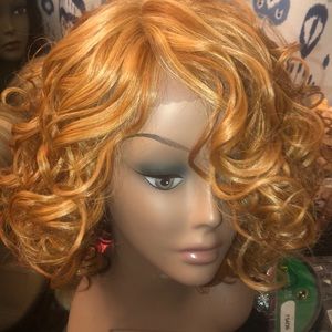 Short curly lace front wig with highlights